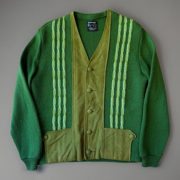 Vintage Towncraft Cardigan Medium Green Wool Suede 60s Pennys Made in USA - Picture 1 of 9